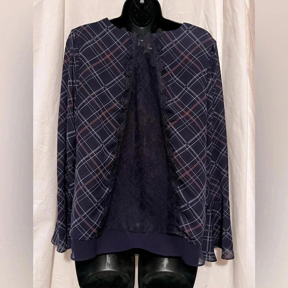 Lauren Conrad Women's Sz M Sheer Blouse V-Neck Navy Plaid Back Lace Bell Sleeve - Picture 5 of 6